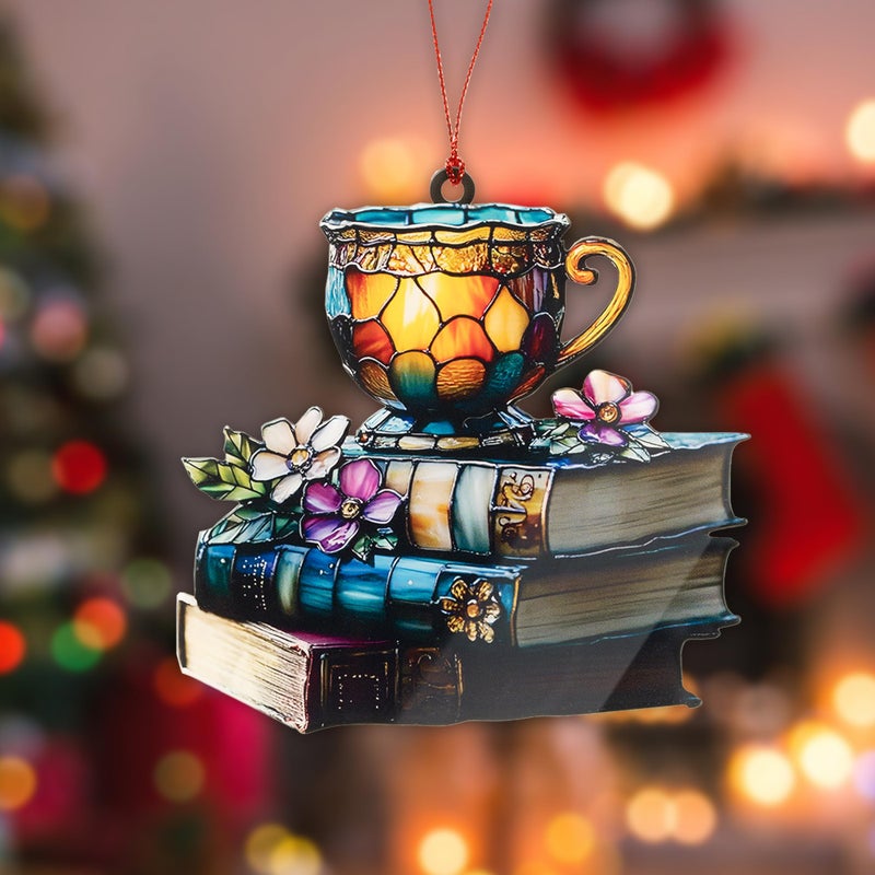 MAILAMCRAFT Book Ornament, Tea Books Floral Acrylic Suncatcher, Book Lover Gifts for Women, Christmas Ornaments for Tree, Gift for Readers Friends Coworker, Hanging Literary Decor, Holiday Ornaments - Image 2
