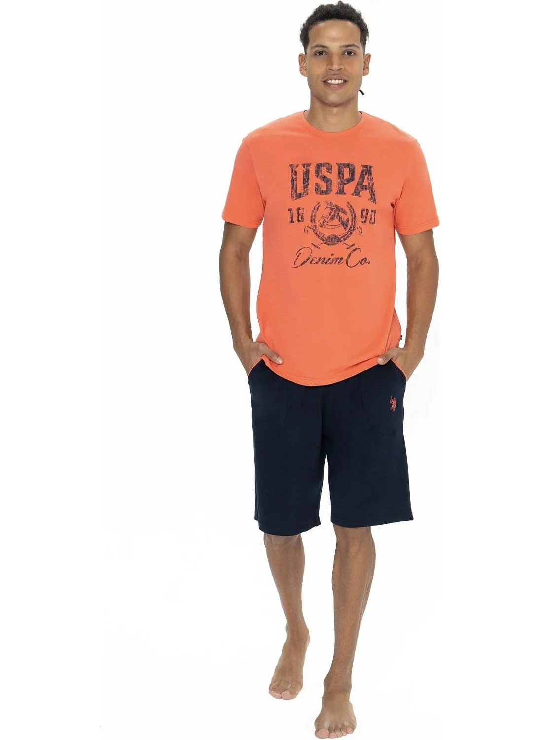 U.S. Polo Assn. 18877 Men's Short Sleeve Crew Neck Shorts Pajama Set-Coral