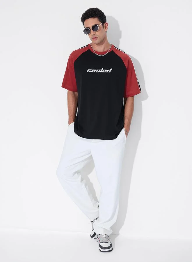 The Souled Store Men Black Color Block Oversized T-Shirt