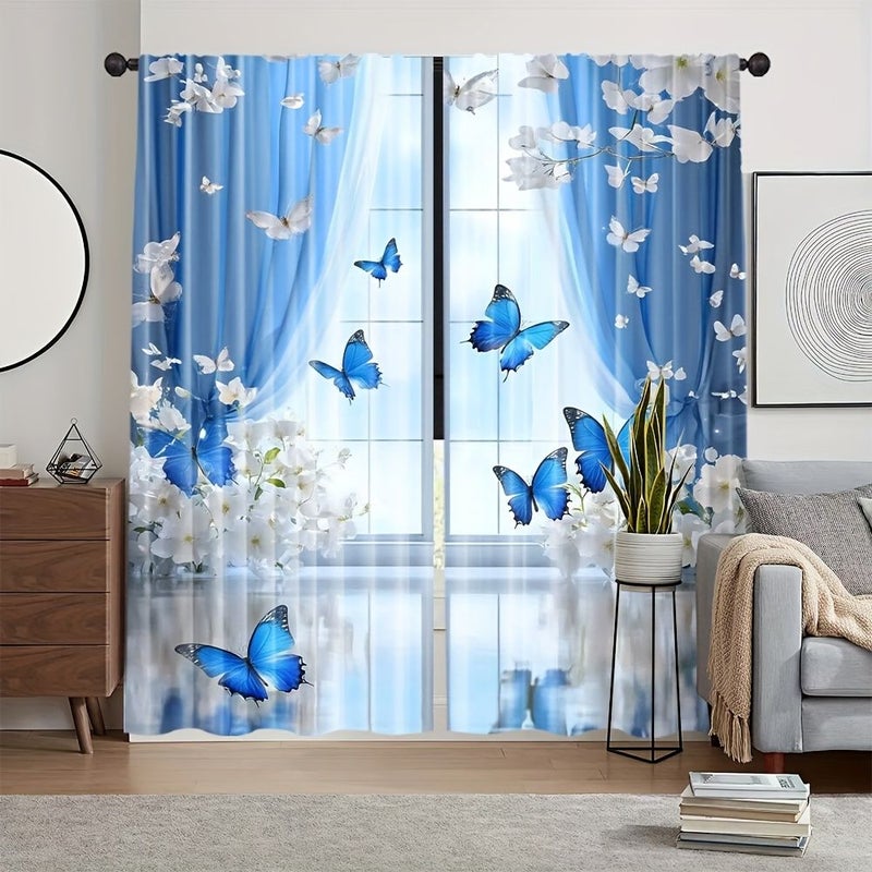 2pcs Teal Blue Butterfly Flowers Living Room Bedroom Blackout Curtains 100 Percent Polyester Translucent Faux Silk Pocket Design Window Curtains 132 by 160 Centimeter 2 Panels - Image 1