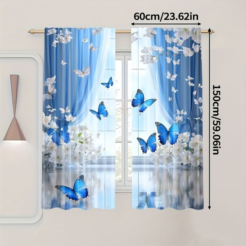 2pcs Teal Blue Butterfly Flowers Living Room Bedroom Blackout Curtains 100 Percent Polyester Translucent Faux Silk Pocket Design Window Curtains 132 by 160 Centimeter 2 Panels - Image 3