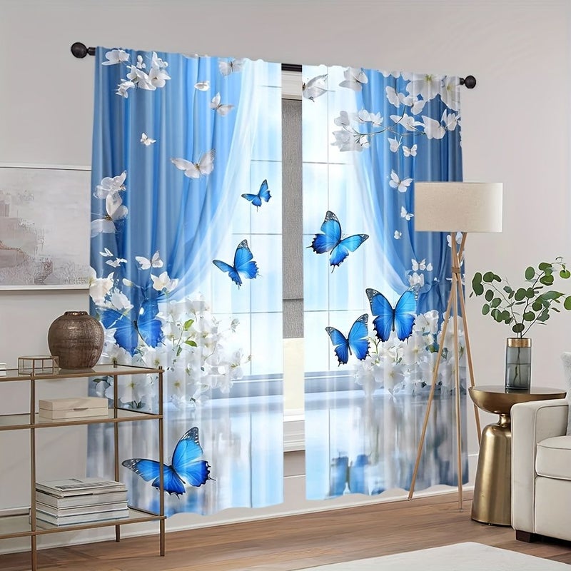 2pcs Teal Blue Butterfly Flowers Living Room Bedroom Blackout Curtains 100 Percent Polyester Translucent Faux Silk Pocket Design Window Curtains 132 by 160 Centimeter 2 Panels - Image 2