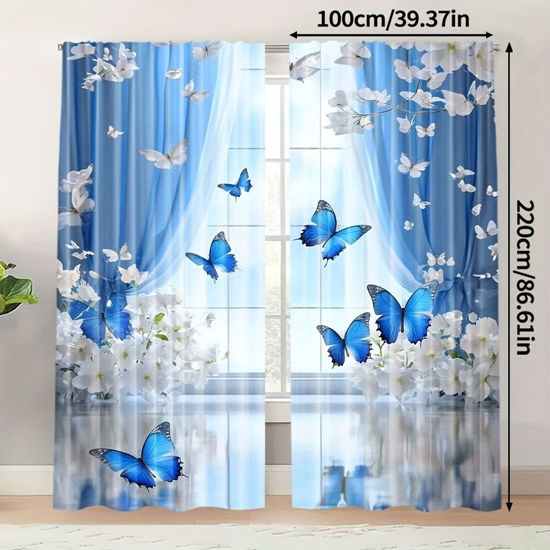 2pcs Teal Blue Butterfly Flowers Living Room Bedroom Blackout Curtains 100 Percent Polyester Translucent Faux Silk Pocket Design Window Curtains 132 by 160 Centimeter 2 Panels - Image 5