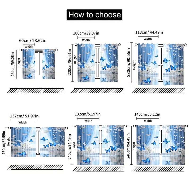 2pcs Teal Blue Butterfly Flowers Living Room Bedroom Blackout Curtains 100 Percent Polyester Translucent Faux Silk Pocket Design Window Curtains 132 by 160 Centimeter 2 Panels - Image 4