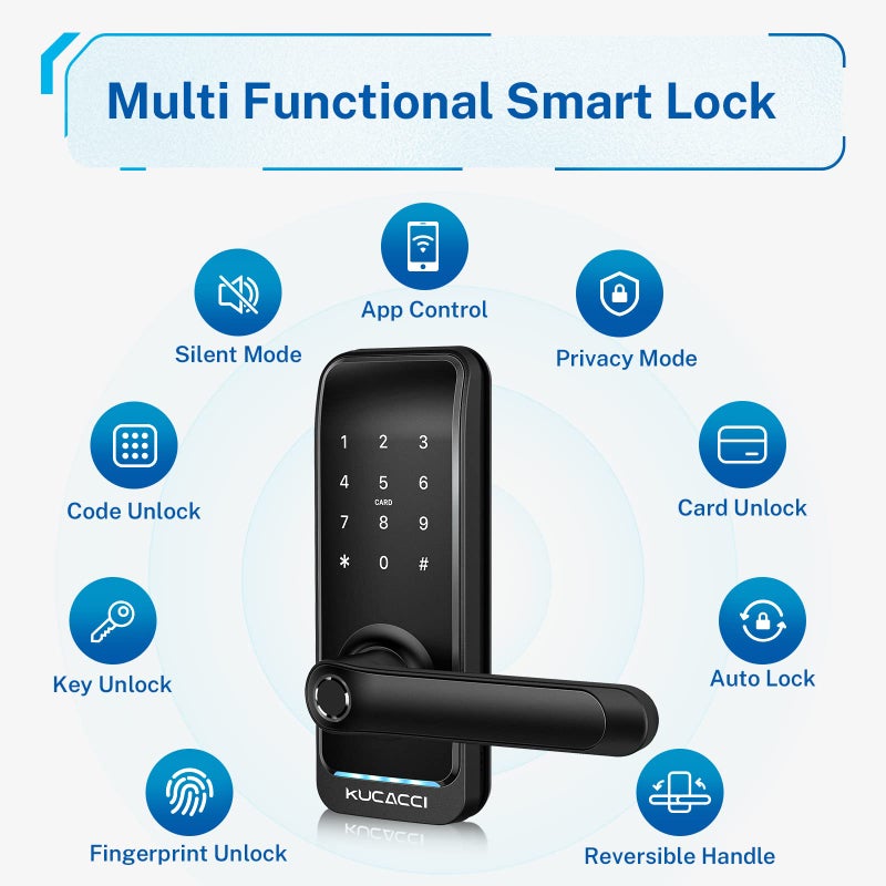 KUCACCI Smart Door Lock with Handle: Kucacci Keyless Entry Digital Door Lock for Front Door - Fingerprint Keypad Smart Dnob - Generate Passcode Remotely - App Control - Easy Installation(Black) - Image 2