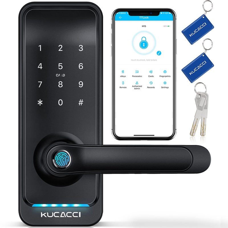 KUCACCI Smart Door Lock with Handle: Kucacci Keyless Entry Digital Door Lock for Front Door - Fingerprint Keypad Smart Dnob - Generate Passcode Remotely - App Control - Easy Installation(Black) - Image 1