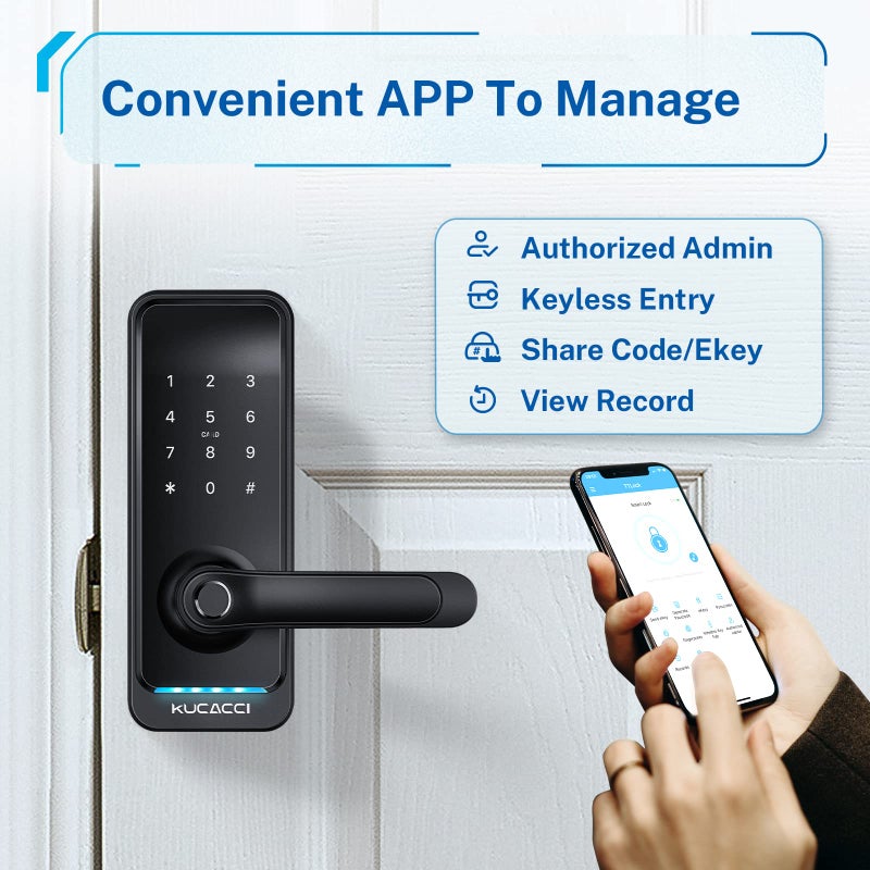 KUCACCI Smart Door Lock with Handle: Kucacci Keyless Entry Digital Door Lock for Front Door - Fingerprint Keypad Smart Dnob - Generate Passcode Remotely - App Control - Easy Installation(Black) - Image 3