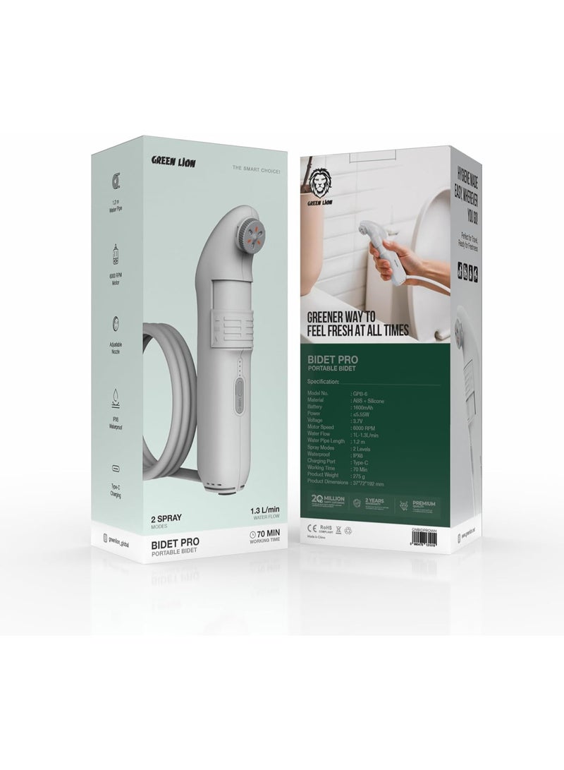 Green Lion Bidet Pro Portable, Rechargeable, 1600mAh Battery, 6000 RPM Motor, 5.55W with 2 Spray Modes, 1.2m Water Pipe, 70 Minutes Working Time, IPX6 Waterproof, Type-C Charging, Adjustable Nozzle, Travel bidet - White - Image 2