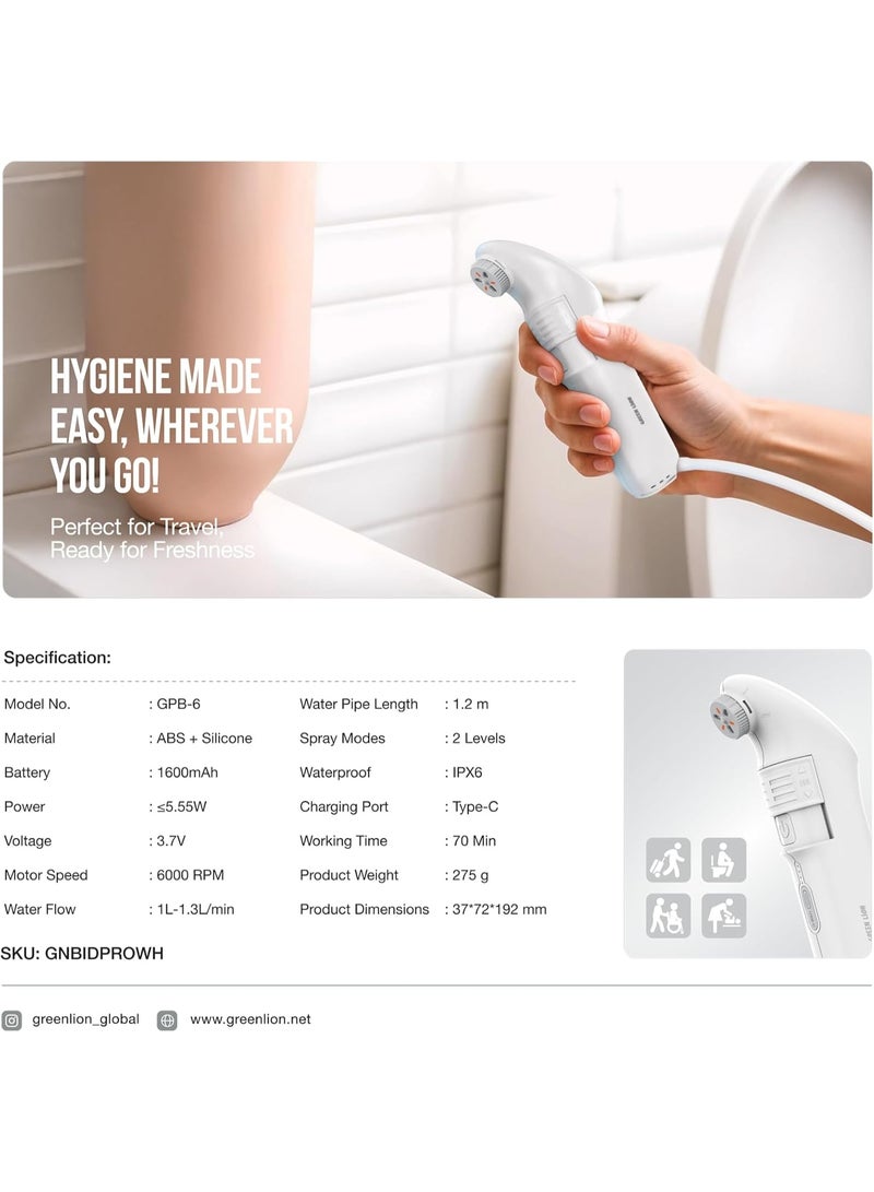 Green Lion Bidet Pro Portable, Rechargeable, 1600mAh Battery, 6000 RPM Motor, 5.55W with 2 Spray Modes, 1.2m Water Pipe, 70 Minutes Working Time, IPX6 Waterproof, Type-C Charging, Adjustable Nozzle, Travel bidet - White - Image 3