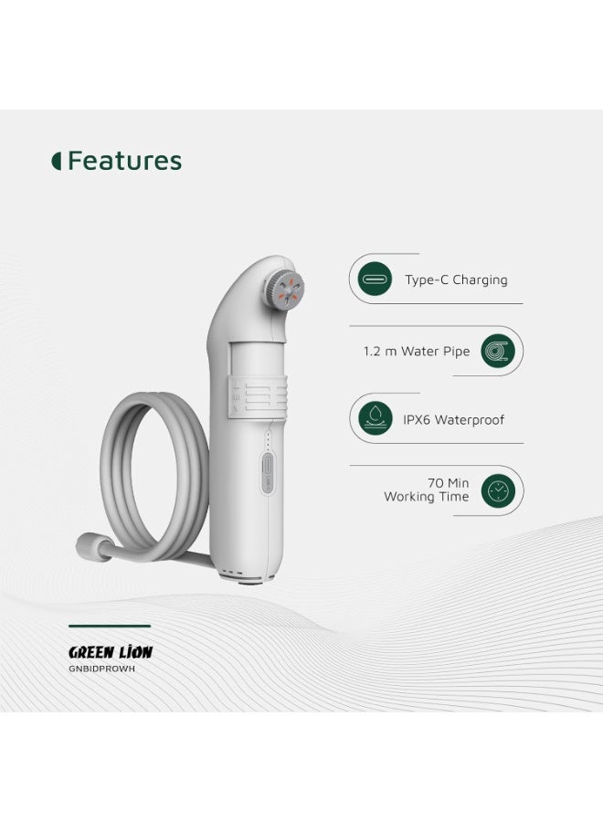 Green Lion Bidet Pro Portable, Rechargeable, 1600mAh Battery, 6000 RPM Motor, 5.55W with 2 Spray Modes, 1.2m Water Pipe, 70 Minutes Working Time, IPX6 Waterproof, Type-C Charging, Adjustable Nozzle, Travel bidet - White - Image 4