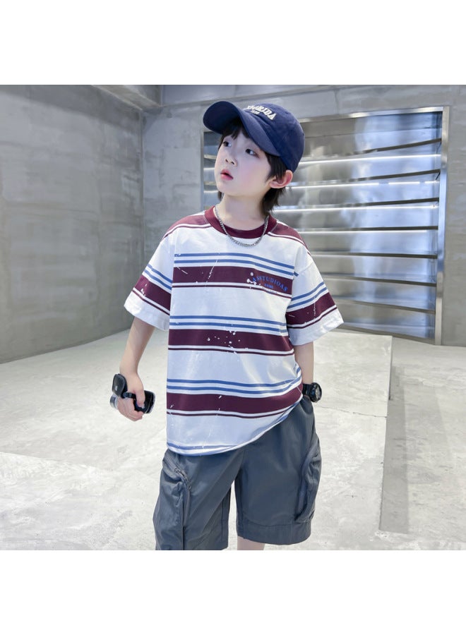 Boys' Summer Striped Ink-splattered Short-sleeve T-shirt  New Style Youth Children's Summer Loose Ice-feel Top
