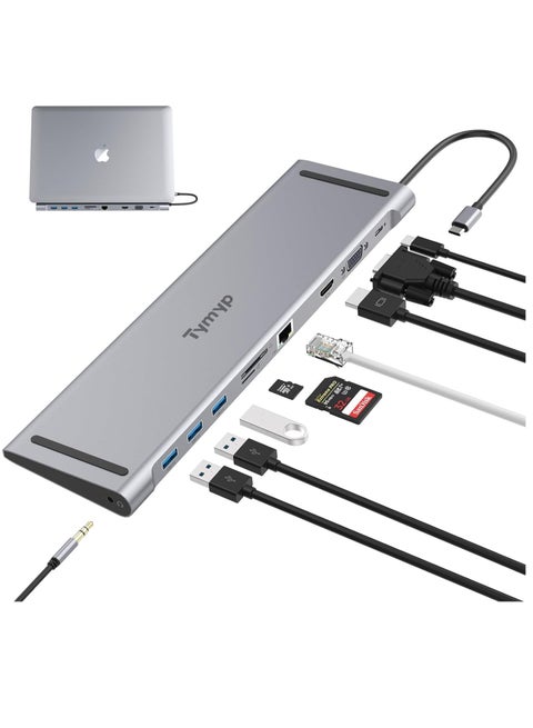 Tymyp 10 in 1 USB C Docking Station, USB C Hub with 4K HDMI Video, USB 3.0 Transfer Speeds, Gigabit Ethernet Networking, Audio Interface, SD/TF Card Slot