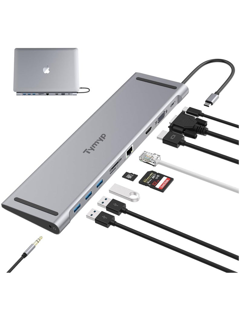 Tymyp 10 in 1 USB C Docking Station, USB C Hub with 4K HDMI Video, USB 3.0 Transfer Speeds, Gigabit Ethernet Networking, Audio Interface, SD/TF Card Slot