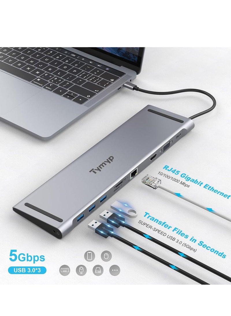 Tymyp 10 in 1 USB C Docking Station, USB C Hub with 4K HDMI Video, USB 3.0 Transfer Speeds, Gigabit Ethernet Networking, Audio Interface, SD/TF Card Slot