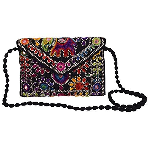 Craft Trade Clutch Bags for Women - Rajasthani Hand Embroidered Mini Crossbody Bag Women's Cluches for Wedding Party Gifts (Multi Black) - Image 1