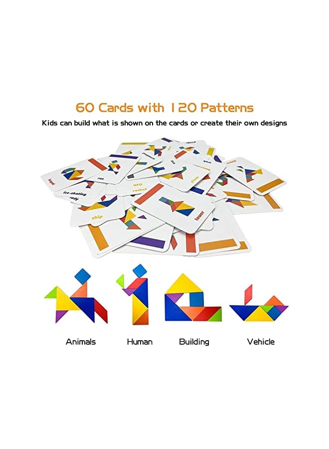 SKY-TOUCH Early Development Tangram Pattern Puzzles Set，Wooden Puzzle Blocks Colorful Tangram Sorting，Stacking Games Montessori Educational Toys，60 Design Cards with 120 Pattern Jigsaw Puzzle - Image 3