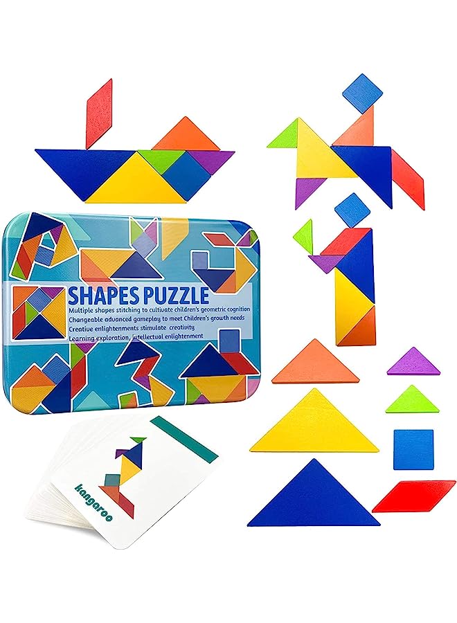 SKY-TOUCH Early Development Tangram Pattern Puzzles Set，Wooden Puzzle Blocks Colorful Tangram Sorting，Stacking Games Montessori Educational Toys，60 Design Cards with 120 Pattern Jigsaw Puzzle - Image 1