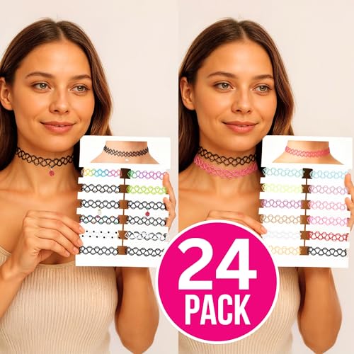 BodyJ4You 24PC Tattoo Choker Necklace for Women - 90s Choker Necklaces Y2K Fashion Trendy Vintage - Pink Blue Green Beads Disco Ball Charm - Stretchy Elastic Necklace Summer Gift Set - Image 2