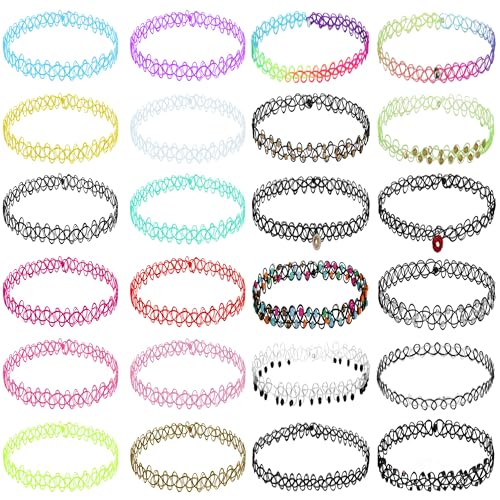 BodyJ4You 24PC Tattoo Choker Necklace for Women - 90s Choker Necklaces Y2K Fashion Trendy Vintage - Pink Blue Green Beads Disco Ball Charm - Stretchy Elastic Necklace Summer Gift Set - Image 1