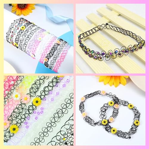 BodyJ4You 24PC Tattoo Choker Necklace for Women - 90s Choker Necklaces Y2K Fashion Trendy Vintage - Pink Blue Green Beads Disco Ball Charm - Stretchy Elastic Necklace Summer Gift Set - Image 3