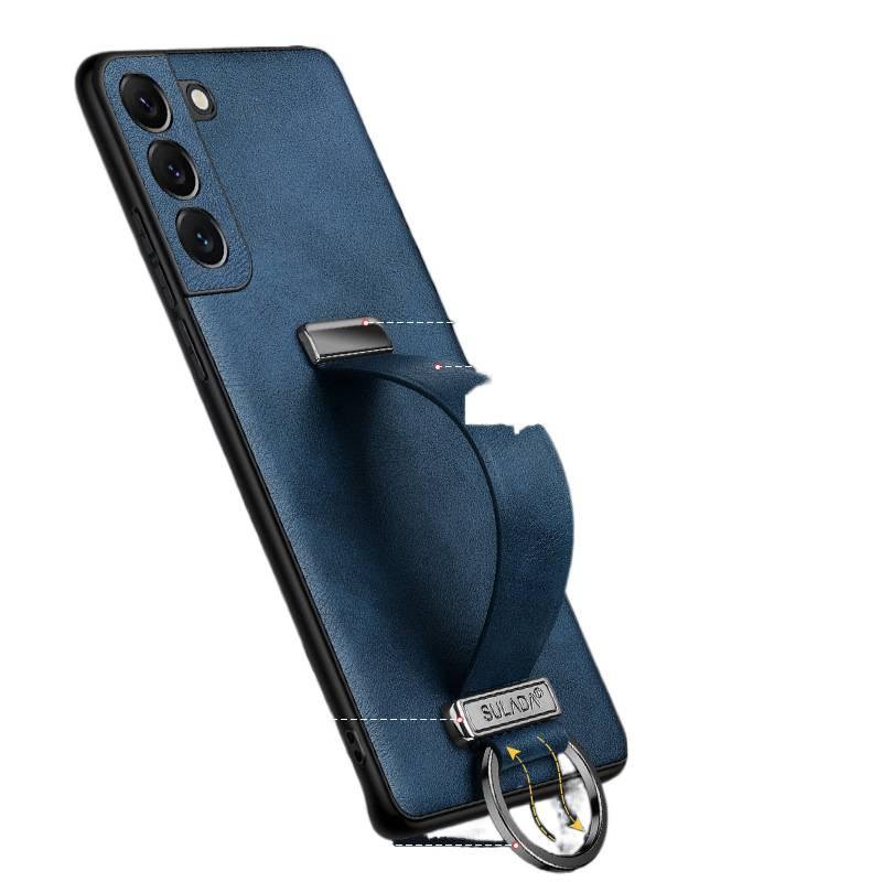 Samsung Galaxy S22 Ultra Leather Protective Texture with Kickstand and Wrist Strap Ring Holder in Blue for Daily Use - Image 2