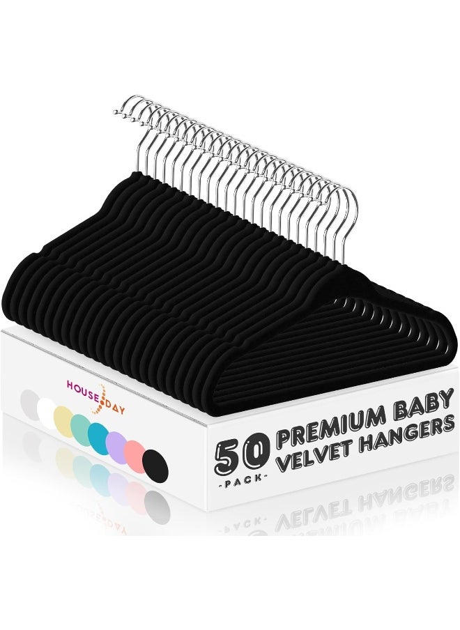 HOUSE DAY HOUSE DAY Velvet Baby Hangers 50 Pack, Premium Children's Hangers for Baby, Infant & Toddler Clothes, Durable Non Slip Baby Felt Hangers Black, 11 Inch Baby Hangers for Closet, Ideal for Everyday Use  - Image 1