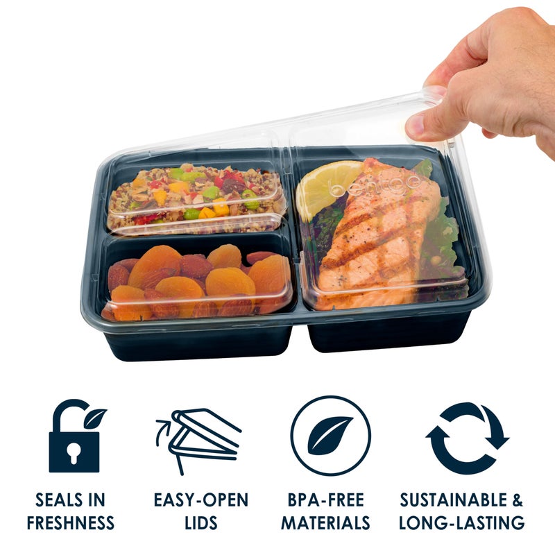 Bentgo 20-Piece Lightweight, Durable, Reusable BPA-Free 3-Compartment Containers - Microwave, Freezer, Dishwasher Safe - Navy Blue - Image 3