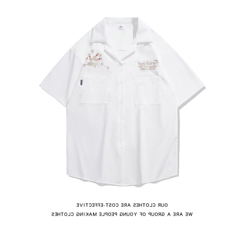 Generic Fried Street Ins Summer Motorcycle Retro Thin American Style Trendy Brand hiphop Shirt Mens Short Sleeve Racing Suit Loose Shirt 1266 white