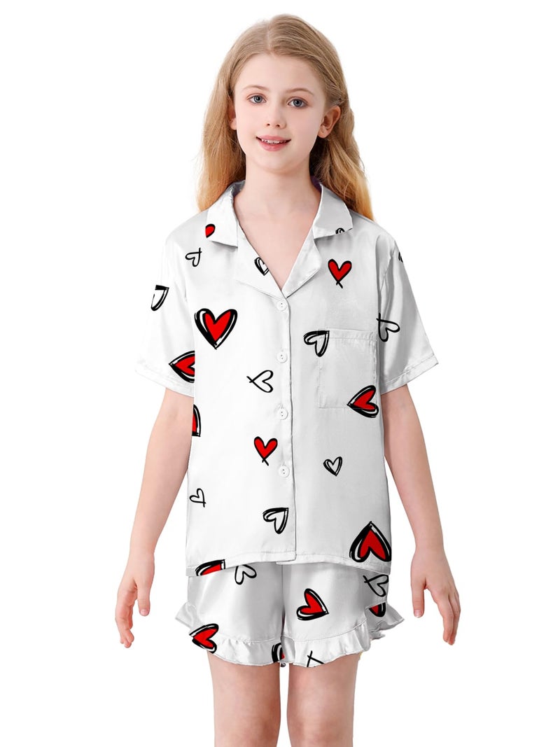 Umeyda Girls 3 Pieces Pajamas Sets Silk Satin Sleepwear Button Down Short Sleeve Pjs Outfits, White Red Heart, 9-10 Years - Image 2