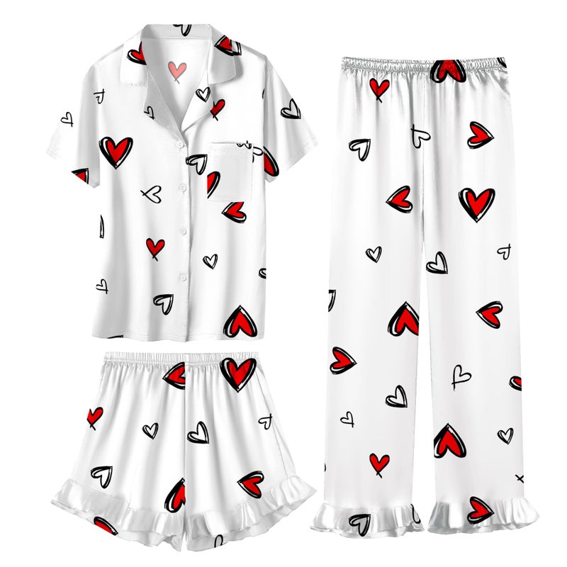 Umeyda Girls 3 Pieces Pajamas Sets Silk Satin Sleepwear Button Down Short Sleeve Pjs Outfits, White Red Heart, 9-10 Years - Image 1