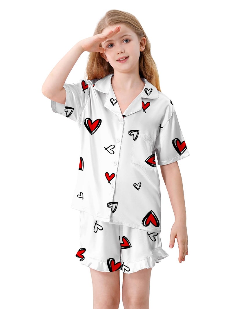 Umeyda Girls 3 Pieces Pajamas Sets Silk Satin Sleepwear Button Down Short Sleeve Pjs Outfits, White Red Heart, 9-10 Years - Image 3