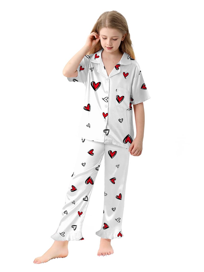 Umeyda Girls 3 Pieces Pajamas Sets Silk Satin Sleepwear Button Down Short Sleeve Pjs Outfits, White Red Heart, 9-10 Years - Image 5