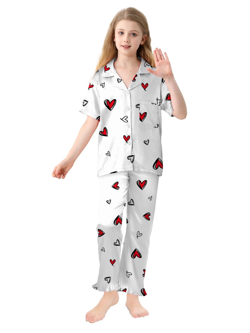 Umeyda Girls 3 Pieces Pajamas Sets Silk Satin Sleepwear Button Down Short Sleeve Pjs Outfits, White Red Heart, 9-10 Years - Image 4