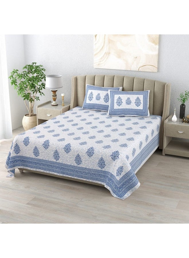 DE CAMA Since 1997 | 100% Cotton 300 TC Premium King Size Bedsheet for Double Bed (90 x 108 Inch) with 2 Pillow Covers Set (17 x 27 Inch) Designer Printed Bedsheet Set - Block Print Blue - Image 4
