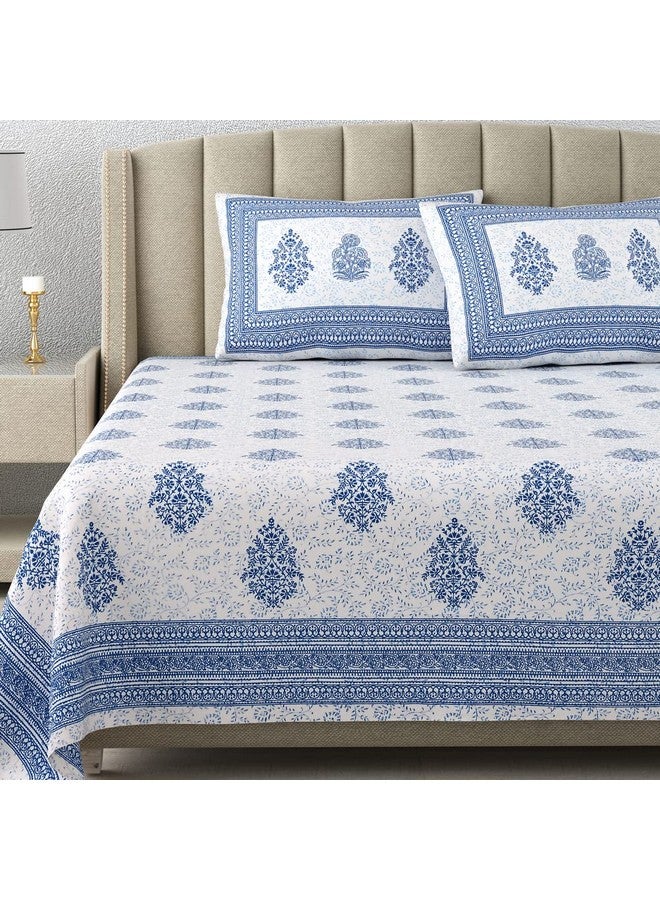 DE CAMA Since 1997 | 100% Cotton 300 TC Premium King Size Bedsheet for Double Bed (90 x 108 Inch) with 2 Pillow Covers Set (17 x 27 Inch) Designer Printed Bedsheet Set - Block Print Blue - Image 1