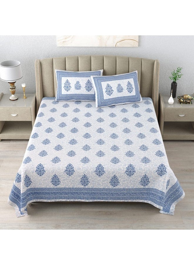 DE CAMA Since 1997 | 100% Cotton 300 TC Premium King Size Bedsheet for Double Bed (90 x 108 Inch) with 2 Pillow Covers Set (17 x 27 Inch) Designer Printed Bedsheet Set - Block Print Blue - Image 3