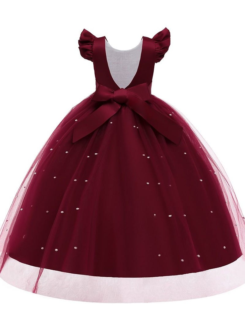 Loquat Princess Flower Cap Sleeve Maxi Dress Burgundy - Image 2