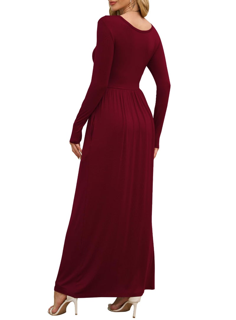 DEARCASE Maxi Dress for Women Burgundy Large Crewneck Long Sleeves Wedding Guest A-line Plain Casual Empire Waist Flowy Party Vintage Spring Fall Winter Floor Dresses with Pocket - Image 2