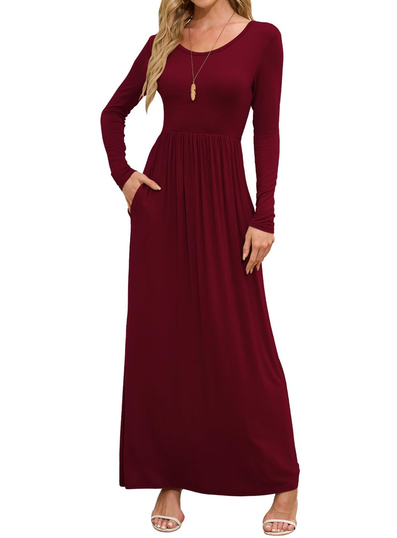 DEARCASE Maxi Dress for Women Burgundy Large Crewneck Long Sleeves Wedding Guest A-line Plain Casual Empire Waist Flowy Party Vintage Spring Fall Winter Floor Dresses with Pocket - Image 1