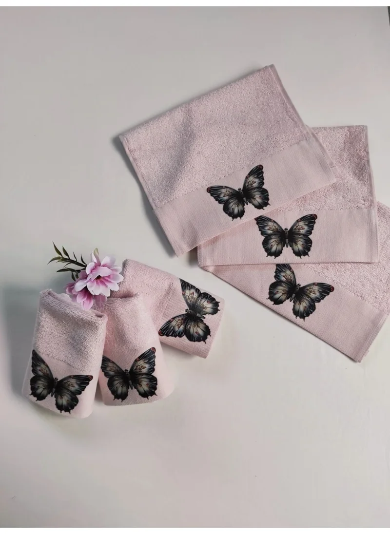 Sevim 3-Piece Digital Printed Kitchen Towel Set - Butterfly Bamboo Hand Towel Set - Extra Soft - Powder Pink