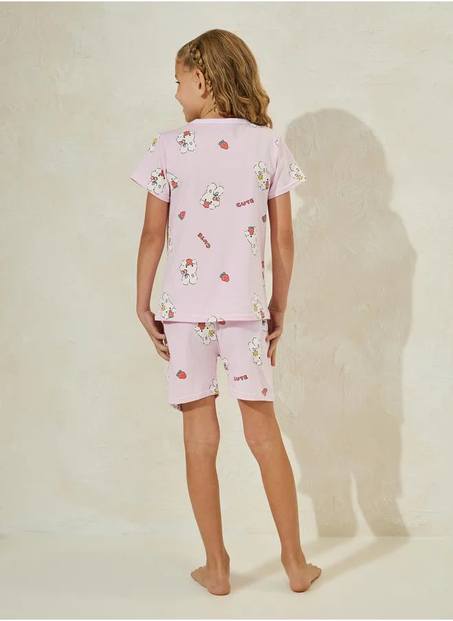 Styli Bunny Print Cotton T-Shirt & Shorts Set