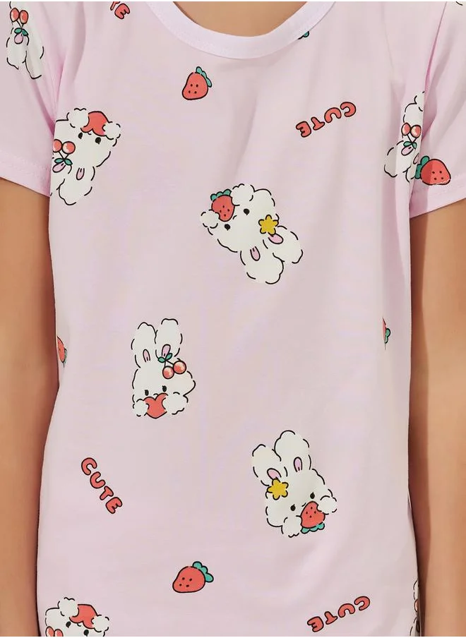 Styli Bunny Print Cotton T-Shirt & Shorts Set