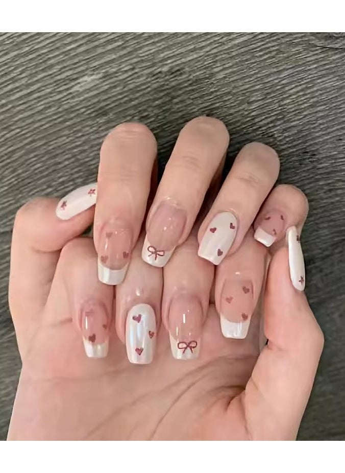 Goolsky - Hollow Heart Wearable Pink Press on Fake Nails Tips with Glue False Nails Design Butterfly Lovely Girl False Nails - Image 1