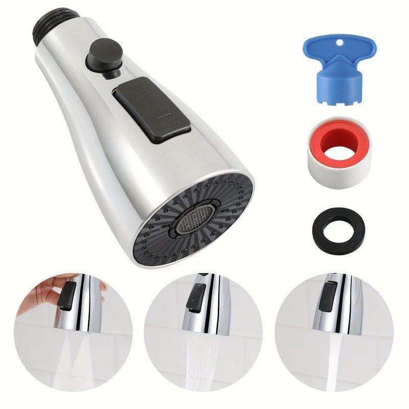 Chrome Replacement Kitchen Faucet Head With Three Functions Pull Down Spray Nozzle For Sink Use - Image 1