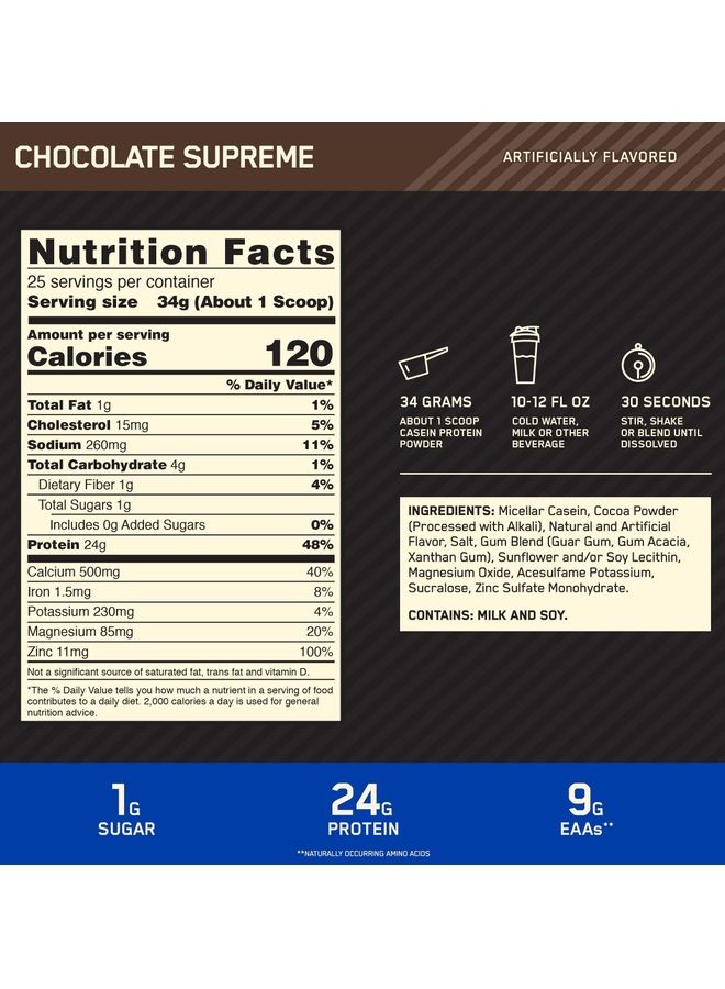 Optimum Nutrition Gold Standard 100 Percent Casein, Chocolate Supreme-25 Servings 850 Gram - Image 3