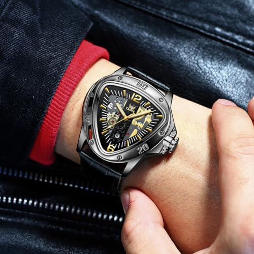 OPK Watch for Men with Black Leather Strap, Unique Triangle Dial Gold Scale Waterproof Date Casua Wristwatch - Image 2