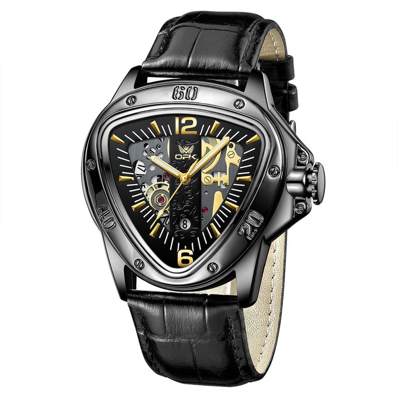 OPK Watch for Men with Black Leather Strap, Unique Triangle Dial Gold Scale Waterproof Date Casua Wristwatch - Image 1