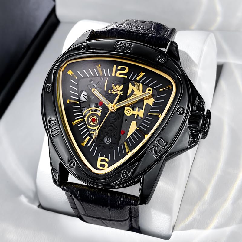 OPK Watch for Men with Black Leather Strap, Unique Triangle Dial Gold Scale Waterproof Date Casua Wristwatch - Image 5