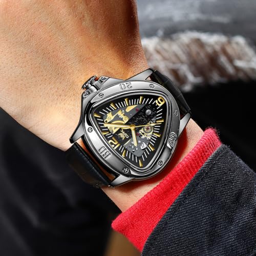 OPK Watch for Men with Black Leather Strap, Unique Triangle Dial Gold Scale Waterproof Date Casua Wristwatch - Image 3