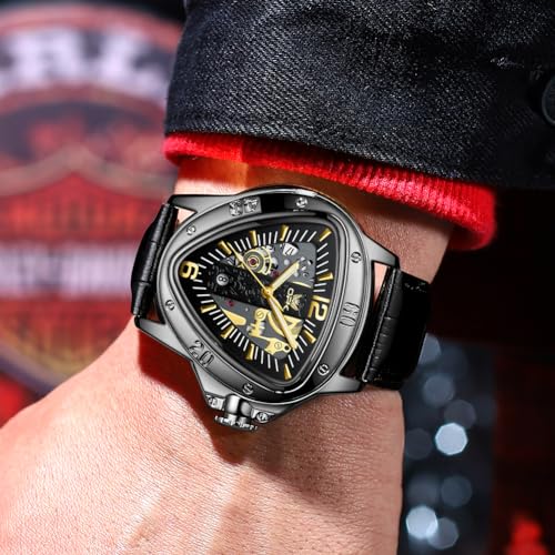 OPK Watch for Men with Black Leather Strap, Unique Triangle Dial Gold Scale Waterproof Date Casua Wristwatch - Image 4